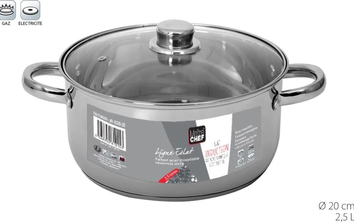 FAITOUT INOX AVEC COUVERCLE VERRE 20CM 2.5L