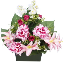 JARDINIERE PIVOINE LYS BOUTON ROSE LUPIN H57CM