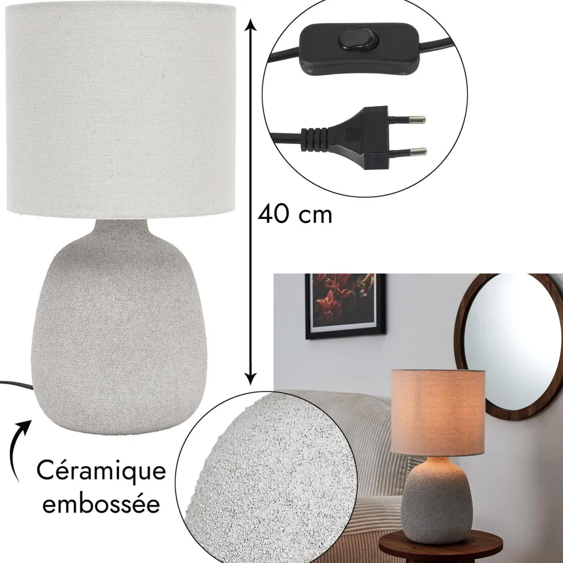 LAMPE CERAMIQUE EMBOSSEE H.40CM