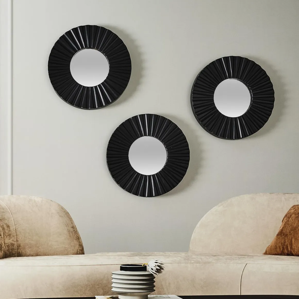MIROIR ROND X3 PIECES NOIR ET DORE 21CM