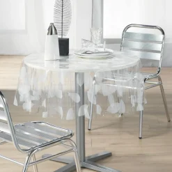 NAPPE CRISTAL RONDE 140 CM PVC IMPRIME FEUILLE BLANC