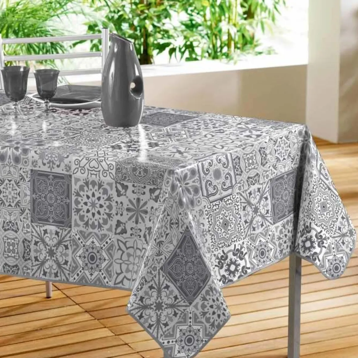 NAPPE RECTANGLE 140X240CM PVC IMPRIME PERSANE GRIS