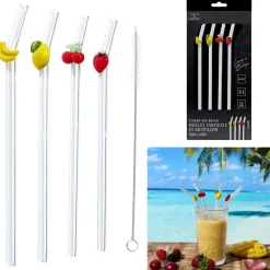 PAILLE EN VERRE FORME FRUIT X4 AVEC GOUPILLON