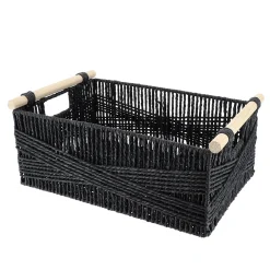 PANIER RECTANGLE PAPIER POIGNEE BOIS 39X27X15.5CM NOIR