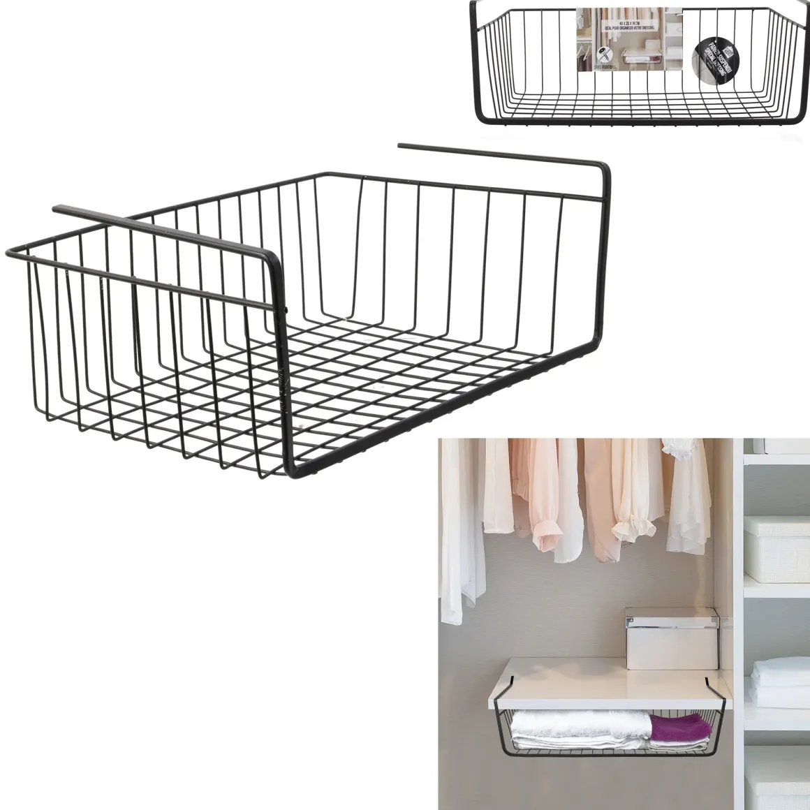 PANIER SUSPENDU METAL FILAIRE NOIR 40X14X26CM