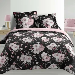 PARURE 3P 240X220 PERCALE 78 FILS ALLOVER VELVET FLOWER NOIR