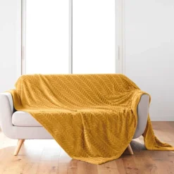 PLAID 180X220CM FLANELLE RELIEF UNIE ARYA OCRE