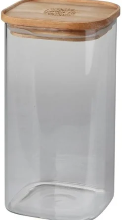 POT VERRE CARRE EMPILABLE COUVERCLE BOIS GRAVE H.20CM