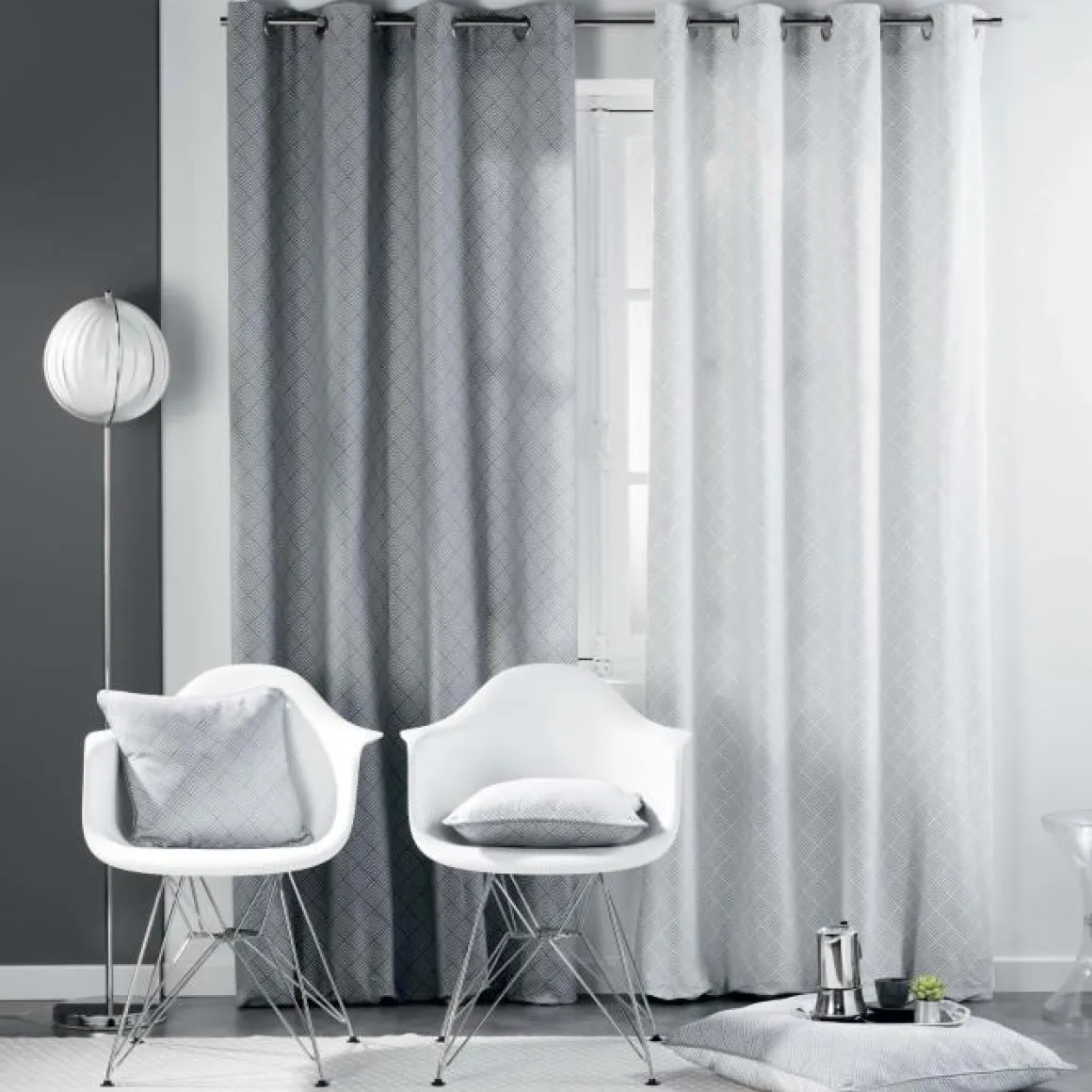 RIDEAU A OEILLETS 140X240CM COTON LENON GRIS BLANC