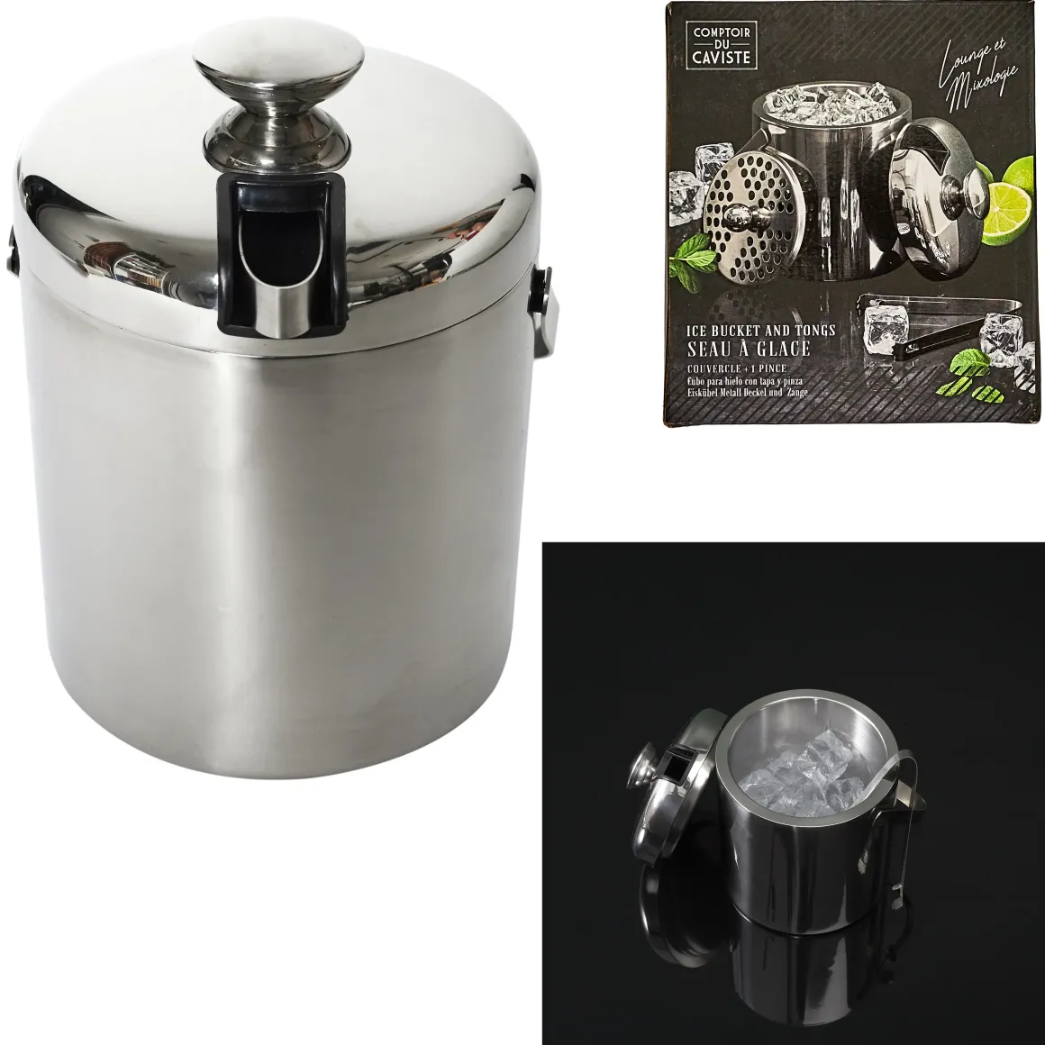 SEAU GLACE METAL COUVERCLE ET PINCE 1.3L