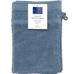 SET DE 5 GANTS DE TOILETTE 15X21CM BLEU