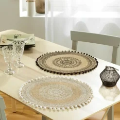 SET DE TABLE 38 CM JUTE IMPRIME ET POMPONS RENATA BLANC