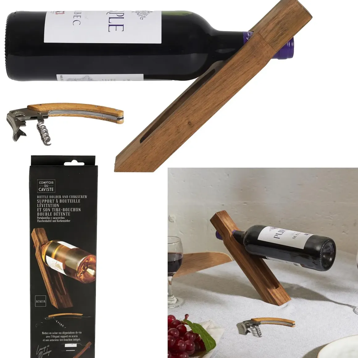 SUPPORT BOUTEILLE ET TIRE BOUCHON ACACIA