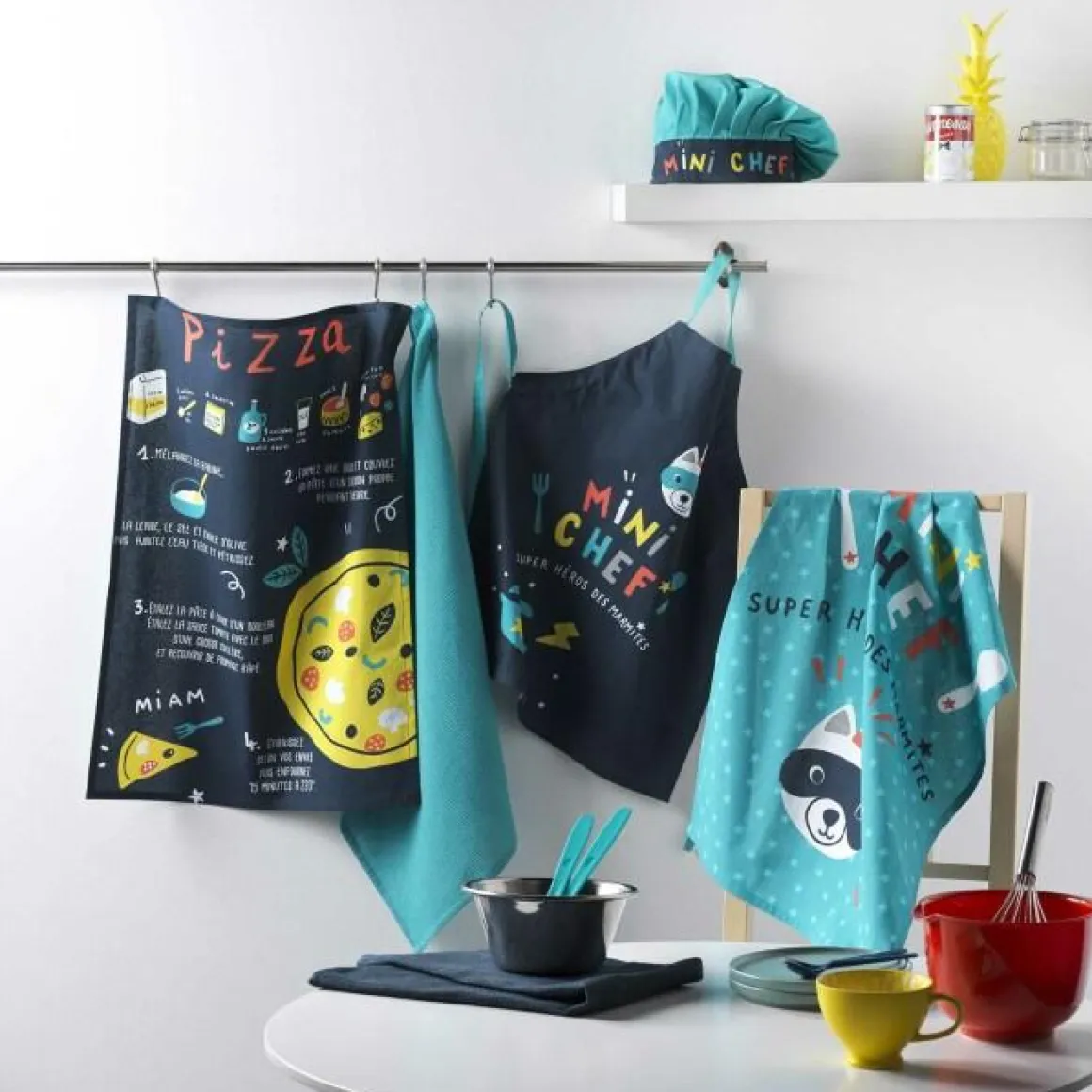 TABLIER ET TOQUE 50X60 CM 24 CM COTON IMPRIME MINI CHEF