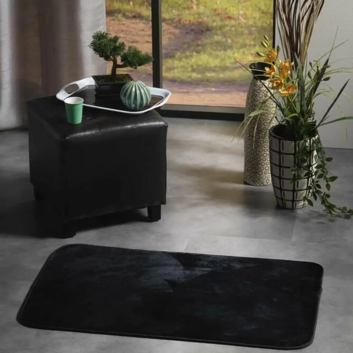 TAPIS RECTANGLE 50X80CM FLANELLE UNIE FLANOU NOIR