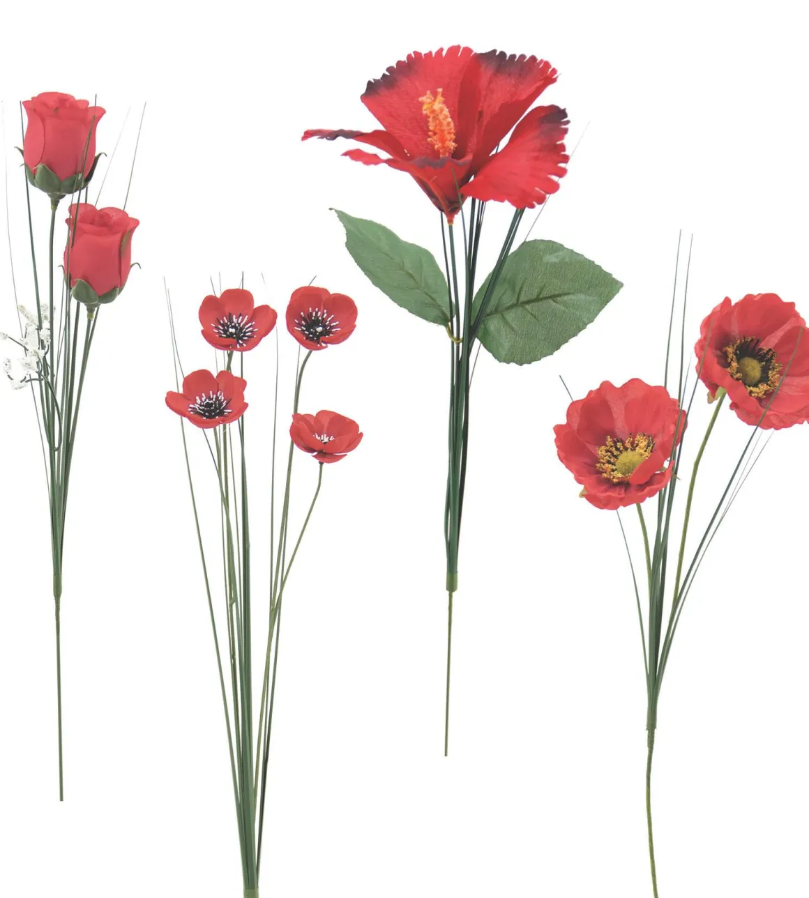 TIGES ROUGES BOUTON ROSE GYPSO COQUELICOT ET HIBISCUS H.70CM