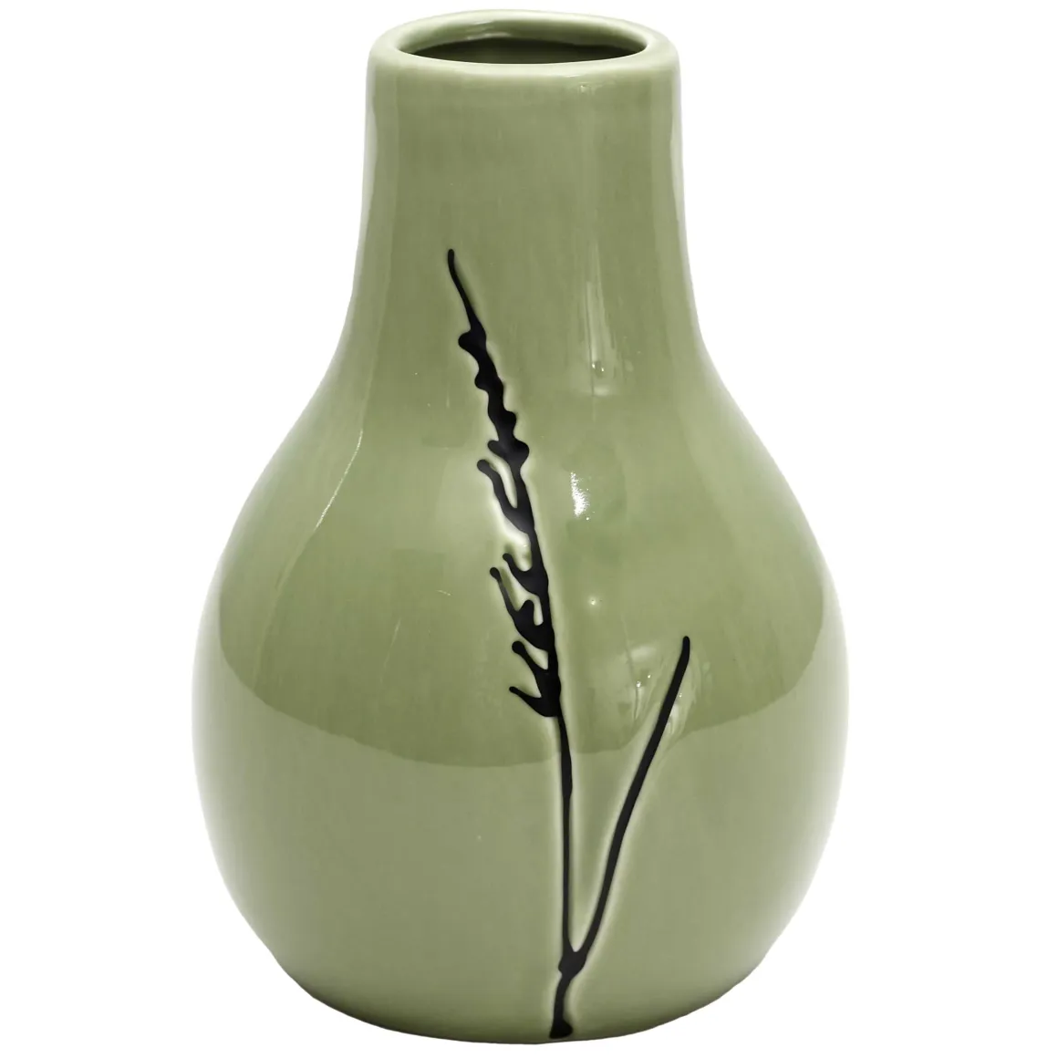 VASE CERAMIQUE VERT ORNEMENT BRANCHE H.14CM
